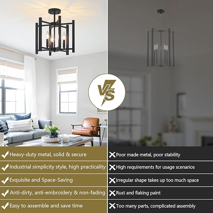 14.6'' Black Farmhouse Semi Flush Mount Ceiling Light Fixture, 3-Light Modern Ceiling Light Fixtures Industrial Flush Mount Ceiling Lighting Fixture for Dining Room Kitchen Hallway Bedroom