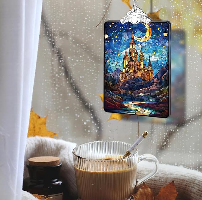 Castle Stained Glass Ornament, 2025 Christmas Tree Hanging Decoration for Gift Exchange or Stocking Stuffer, Fantasy Holiday Decor, 3.8 x 2.4 Inch