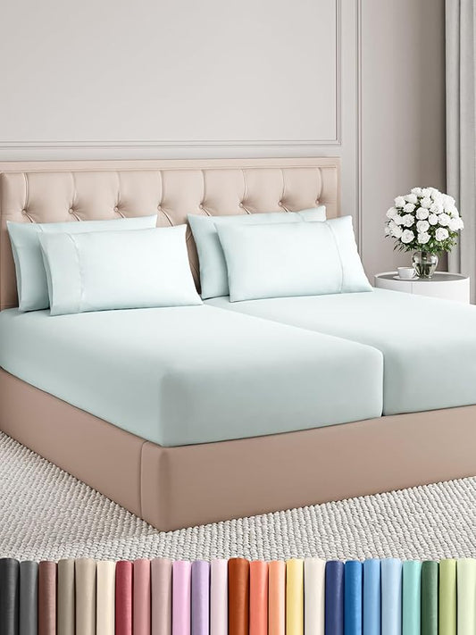 CGK Linens Split King 7 Piece Sheet Set - Cooling Sheets for Hot Sleepers - Hotel Luxury Bedding Set with 8-16 Inch Deep Pockets - 1 Flat & 2 Fitted & 4 Pillowcases - Soft & Wrinkle Free - Split King