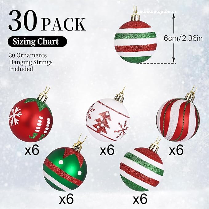 SHareconn 30ct 2.36 Inch Christmas Tree Colored Balls Ornaments, Shatterproof Plastic Decorative Xmas Baubles Decorations for Tree Holiday Decor(Red and Green White, 60mm)