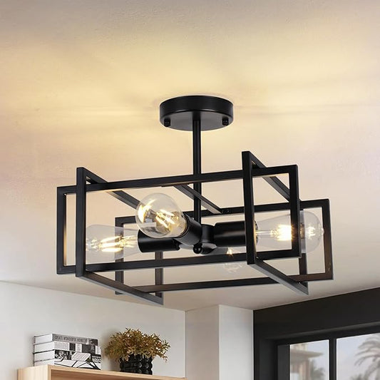 Industrial Semi Flush Mount Ceiling Light Fixture,4-Light Kichen Light Fixture Ceiling Mount,Farmhouse Chandelier,Modern Black Ceiling Light for Dining Room, Bedroom, Hallway