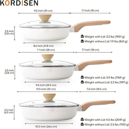 Kordisen Ceramic Nonstick Frying Pan Skillet Set with Lid, 3 Piece Ceramic Pans for Cooking Non Toxic, Healthy Induction Cookware, Stay-Cool Handle, PFOA & PFAS Free (9.5 Inch, 11 Inch, 12.5 Inch)