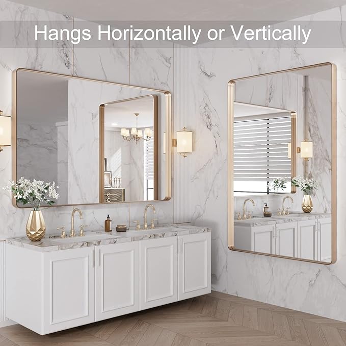 LOAAO 48”X32” Gold Bathroom Mirror, Rounded Rectangle Gold Frame Mirror, Brushed Gold Bathroom Vanity Mirror Wall-Mounted, Anti-Rust, Tempered Glass, Hangs Horizontally or Vertically