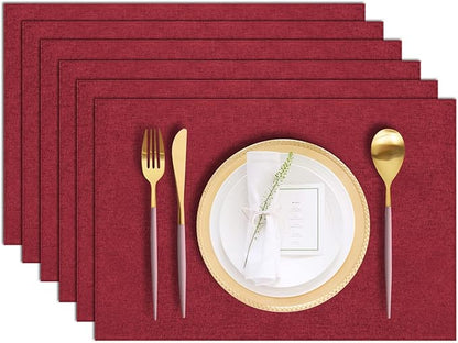 Cloth Placemats Set of 6, Cotton Linen Blend Machine Washable Durable Linen Table Mats, Heat Resistant Placemats Wrinkle Free Place Mats for Dining Table, Easy to Clean (Burgundy, 6)