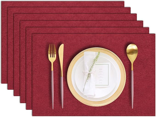 Cloth Placemats Set of 6, Cotton Linen Blend Machine Washable Durable Linen Table Mats, Heat Resistant Placemats Wrinkle Free Place Mats for Dining Table, Easy to Clean (Burgundy, 6)