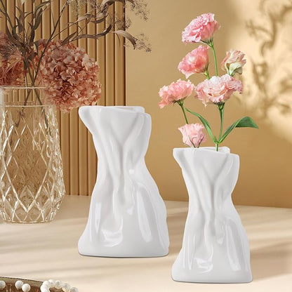 2 PCS Paper Bag Vase, White Ceramic Vase, Irregular Crinkle Flower Vases, Unique Boho Minimalist Art Decorative Vase for Flowers, Modern Home Decor for Room Table Office Wedding Party