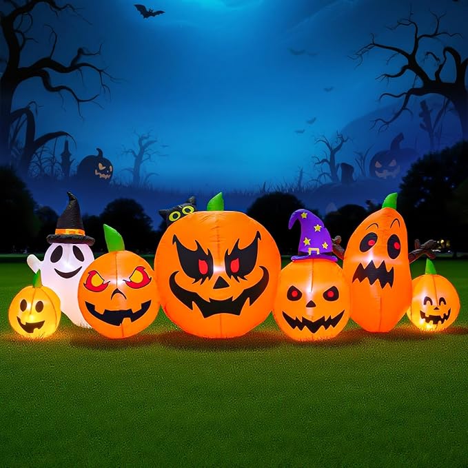 9FT Halloween Inflatable Pumpkin Decorations with Ghost, Black Cat & Built-in LEDs - Blow Up Outdoor Yard Decor for Lawn, Garden, Porch