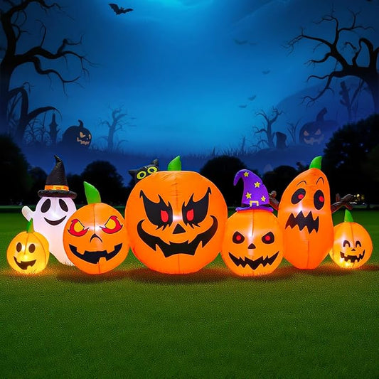 9FT Halloween Inflatable Pumpkin Decorations with Ghost, Black Cat & Built-in LEDs - Blow Up Outdoor Yard Decor for Lawn, Garden, Porch