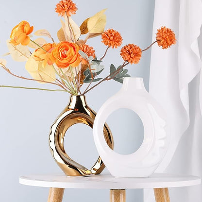 White Gold Ceramic Vase Set of 2 for Modern Home Decor,Round Boho Vase for Pampas Grass,Neutral Minimalist Vase for Dining Room Table Centerpiece Dining Room,Wedding Table Decoration