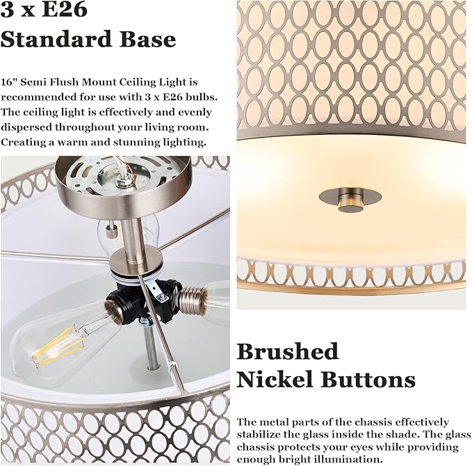 17" Semi Flush Mount Ceiling Light Fixture, Modern 3-Light E26 Double Drum Ceiling Lighting with White Fabric Lampshade and Gloden Iron Mesh Cage for Living Room Bedroom, Brushed Nickel