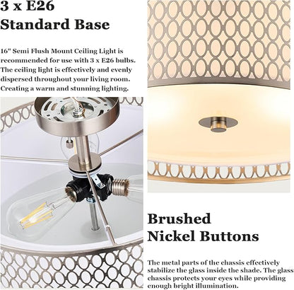17" Semi Flush Mount Ceiling Light Fixture, Modern 3-Light E26 Double Drum Ceiling Lighting with White Fabric Lampshade and Gloden Iron Mesh Cage for Living Room Bedroom, Brushed Nickel