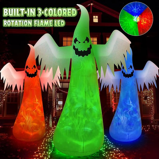 12FT Giant Halloween Inflatables Decorations Outdoor Ghost Built-in 3-Color Changing Rotating Flame LEDs Blow Up Yard Inflatables Halloween Large Scary Spooky for Outside Patio Lawn