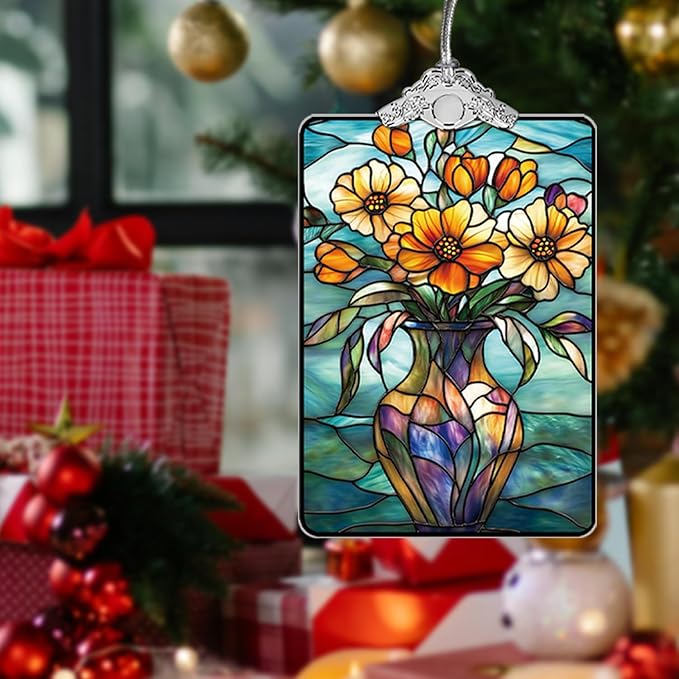 Bouquet in Vase Stained Glass Ornament, 2025 Christmas Tree Hanging Decoration, Ideal Gift or Stocking Stuffer, 3.8 x 2.4 Inch