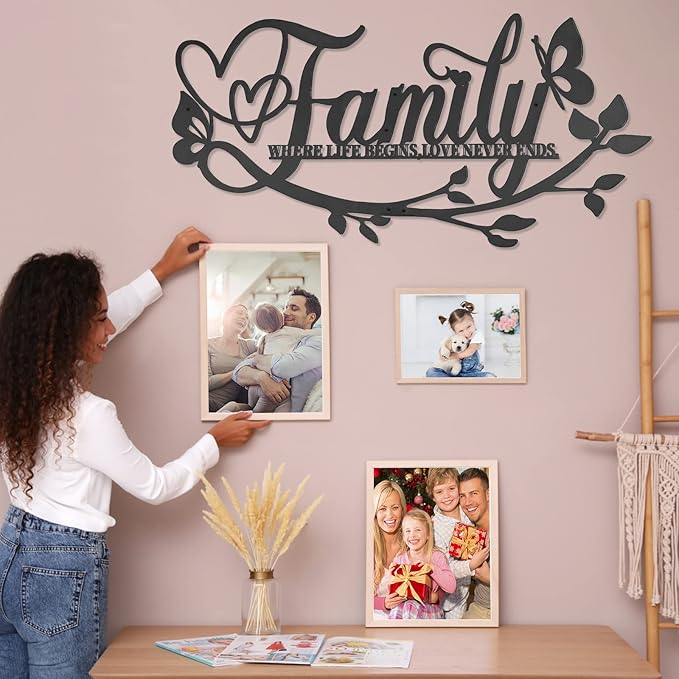 Family Where Life Begins Love Never Ends Word Sign Metal Wall Decor, 27x14in Large Black Iron Wall Art Plaque Decorations, Letters Quotes Wall Hanging Décor for Living Room Bedroom