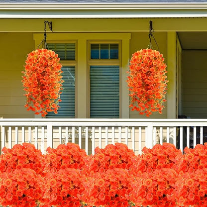 Artificial Fall Flowers for Outdoors Fake Hanging Decoration, 6Pcs Orange Autumn Decor, Realistic Artificial Fall Plants, UV & Fading Resistant Silk Flower for Porch Patio Balcony Planter Yard (Fall)