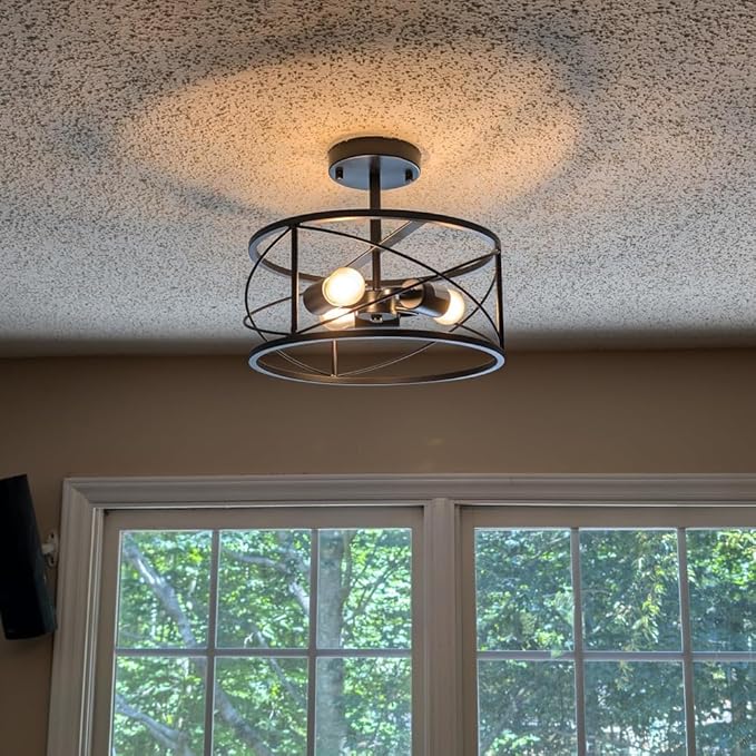 Industrial Farmhouse Semi Flush Mount Ceiling Light, 3-Light Drum Shade Fixture, Black