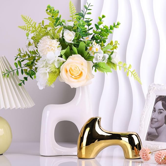 Snuggle Hollow Ceramic Vase Set of 2,Funky White and Gold Vases for Centerpieces Table Decorations,Gold Vases for Centerpieces,Modern Flower Vase for Tables Living Room,Unique Vase