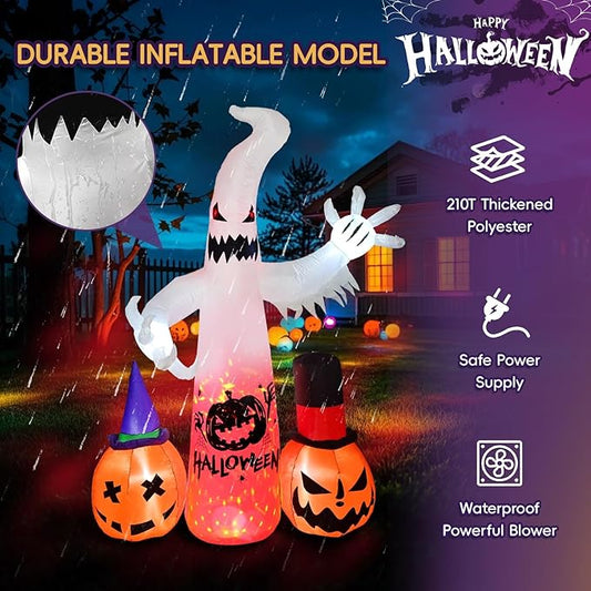 8 Ft Halloween Decoration Outdoor Inflatables, Ghost Ghost and 2 Pumpkin with Built-in LED, Halloween Blow Up Yard Decorations Light, Inflatables Decor for Garden Lawn Party Outside