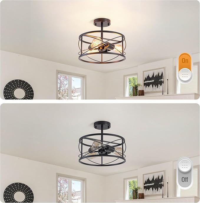 Industrial Farmhouse Semi Flush Mount Ceiling Light, 3-Light Drum Shade Fixture, Black