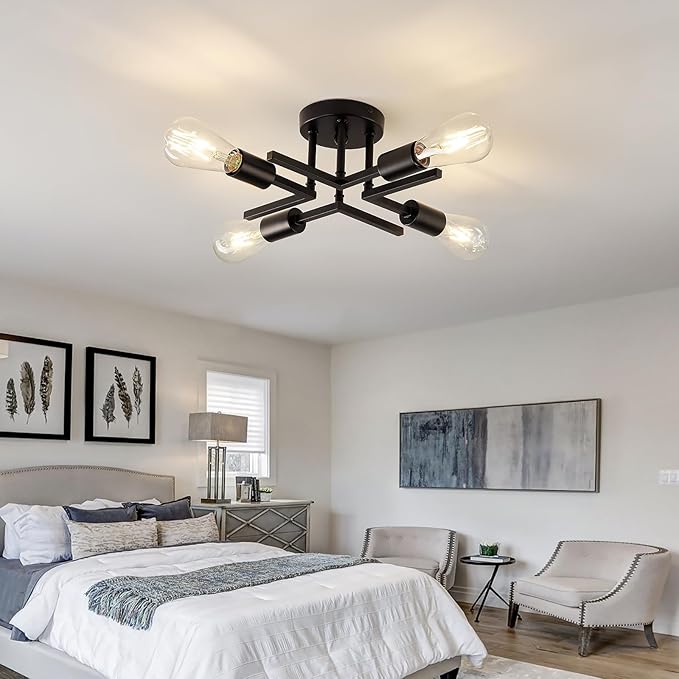 Industrial 4-Lights Semi Flush Mount Ceiling Light Fixture Modern Metal Black Sputnik Chandeliers with E26 Bulb Base Close to Ceiling Light for Kitchen Dining Room Living Room Hallway Bedroom Entryway