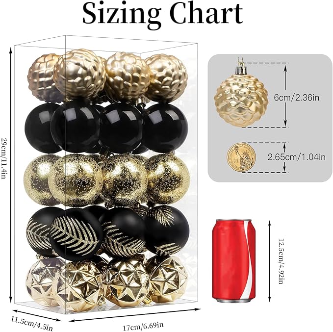 SHareconn 30ct 2.36 Inch Christmas Tree Balls Ornaments, Colored Shatterproof Plastic Decorative Baubles Decorations for Xmas Tree Decor Holiday Party Wedding Decoration (Black & Gold, 60mm)
