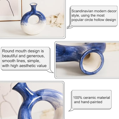 Ceramic Donut Vase Set of 2 - Blue and White Circle Decorative Vases for Home Decor, Centerpieces, Boho Pampas, Office, Wedding, Dinner Table, Living Room - Modern Flower Design