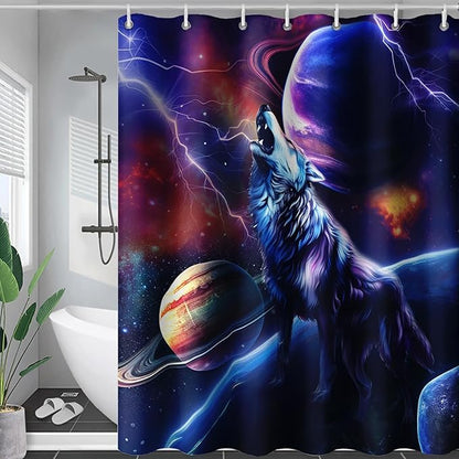 AILONEN Howling Wolf Shower Curtain,Lightning Planet Wolf Bath Curtain for Kids Boys Girls,Wildlife Animal Polyester Waterproof for Shower with 12 Plastic Hooks 60" W*72" H