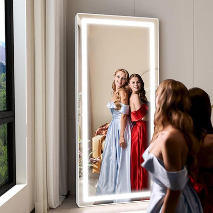 FENNIO Full Length Mirror with Lights, 71"x32" LED Full Body, Free Standing Lighted Floor Mirror, Wall Mounted Hanging Mirror for Bedroom, Salon, 3-Color Lighting [Tempered Glass]