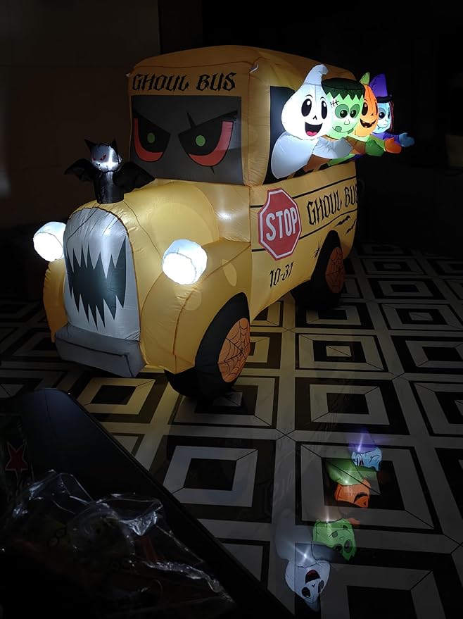 8FT Halloween Inflatable Ghoul Bus with LED Lights - Giant Haunted School Bus Yard Decoration for Outdoor Halloween Party, Haunted House, Trick or Treat Decor (Ghost, Pumpkin, Witch Design)