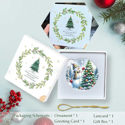 Snowman Ornaments Snow Pine Round Ceramic Ornament Christmas Keepsake Decor for Christmas Tree Winter Holiday Xmas Gift for Women Men Hanging Ornament 3"