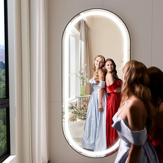 FENNIO 70" x 32" Large Luxury Wall Mounted Mirror with LED Lights - Oval Full Length LED Lighted Full Body Dressing Mirror for Bedroom, Salon, Brushed Aluminum Frame, Tempered Glass