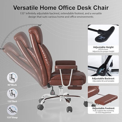 Big and Tall Office Chair, Ergonomic Leather High Back Executive Computer Desk Chair with Retractable Footrest and Padded Arms, 360°Swivel Free, 90-135°Reclining, 500lbs Wide Seat, Brown