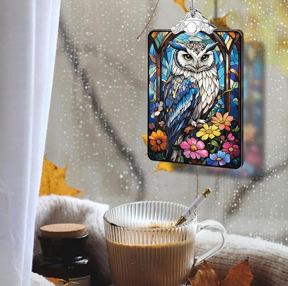 Owl and Wildflowers Stained Glass Ornament, 2025 Christmas Tree Hanging Decoration for Gift Exchange or Stocking Stuffer, Holiday Decor, 3.8 x 2.4 Inch