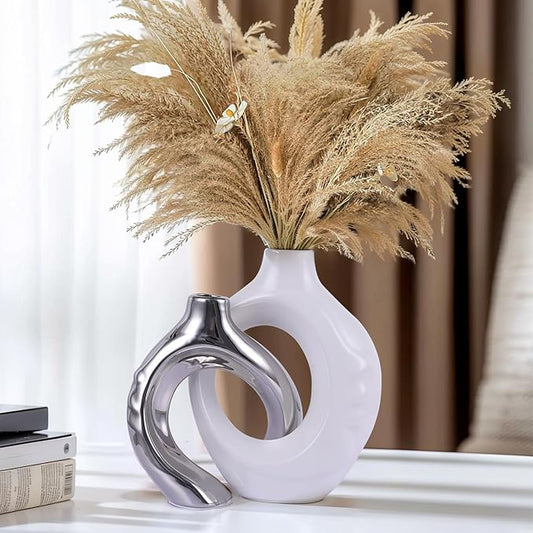 White and Silver Donut Vases, Set of 2, Ceramic Round Modern Vases, Neutral Minimalist Vases for Dining Room Table Centerpiece, Living Room Wedding Table Decoration