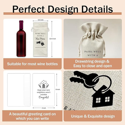 Housewarming Wine Gift Bags & Card, First New Home House Gifts for Women Men Wife Husband Friend Home Owner, 1 pcs Reusable Burlap Wine Gift Bags for Wine Bottles, Housewarming Party Decor Favor -33