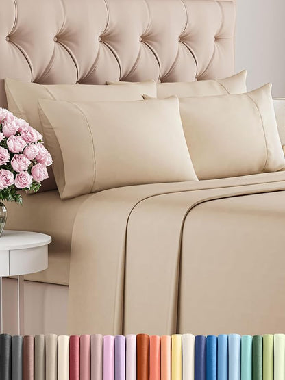 CGK Linens Full 6 Piece Sheet Set - Cooling Sheets for Hot Sleepers - Hotel Luxury Bedding Set with 8-16 Inch Deep Pockets - 1 Flat & 1 Fitted & 4 Pillowcases - Soft, Easy Care & Wrinkle Free - Cream