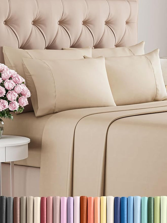 CGK Linens Full 6 Piece Sheet Set - Cooling Sheets for Hot Sleepers - Hotel Luxury Bedding Set with 8-16 Inch Deep Pockets - 1 Flat & 1 Fitted & 4 Pillowcases - Soft, Easy Care & Wrinkle Free - Cream