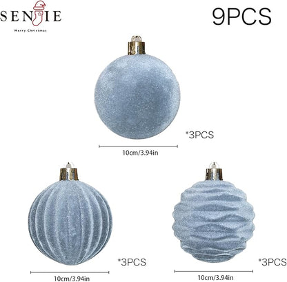 4inch Velvet Ornaments for Christmas Tree, 9 pcs Flocked Dusty Blue Christmas Ornaments Balls Set Assortment for Xmas Tree Holiday Decor