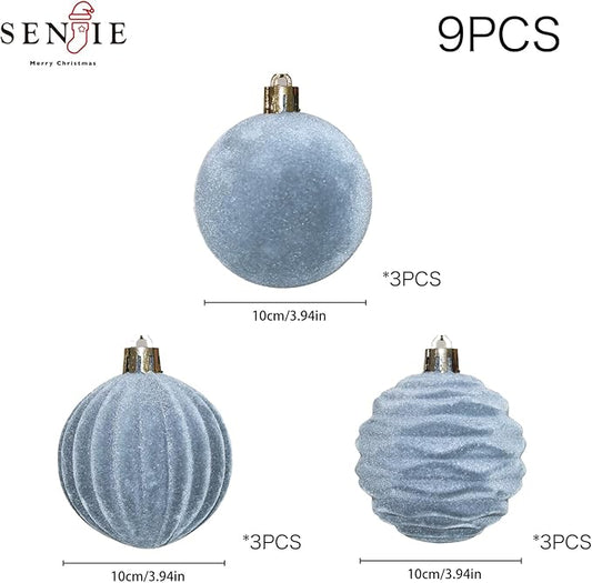 4inch Velvet Ornaments for Christmas Tree, 9 pcs Flocked Dusty Blue Christmas Ornaments Balls Set Assortment for Xmas Tree Holiday Decor