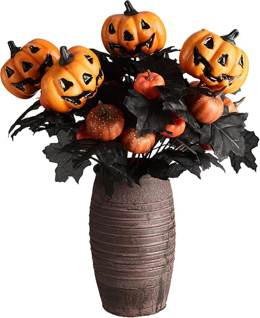 PARTY JOY 4Pcs Halloween Pumpkin Bunch with Black Maple Leaves Artificial Fall Flowers for Autumn Fall Floral Arrangements Fall Decor Decoration for Home