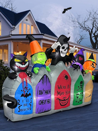 Kalolary 8FT Long Halloween Inflatable Decoration,Blow Up Yard Decoration with Pumpkin Ghost Witch Grim Reaper Black Cat Black Bat Tombstone Build-in Light Decor for Garden Lawn Indoor Outdoor