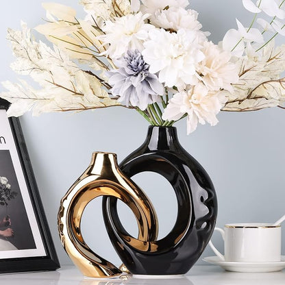 Black Gold Ceramic Vase Set of 2 for Modern Home Decor,Round Boho Vase for Pampas Grass,Neutral Minimalist Vase for Dining Room Table Centerpiece Dining Room,Wedding Table Decoration