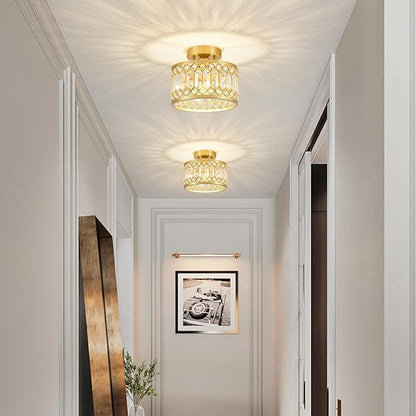 Crystal Ceiling Light Fixture, Modern Semi Flush Mount Ceiling Light, Gold Lighting Fixtures Ceiling Lamp for Hallway, Kitchen, Entryway, Bedroom, Laundry Room, 9.05 Inch