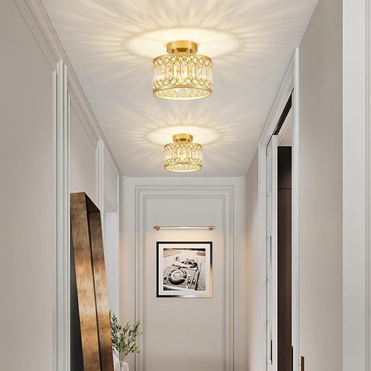 Crystal Ceiling Light Fixture, Modern Semi Flush Mount Ceiling Light, Gold Lighting Fixtures Ceiling Lamp for Hallway, Kitchen, Entryway, Bedroom, Laundry Room, 9.05 Inch