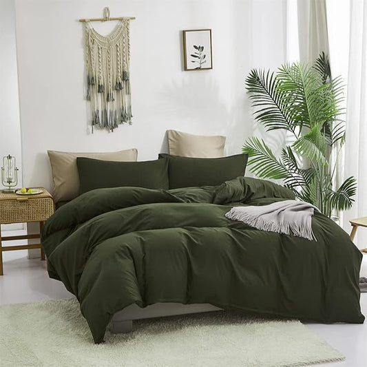 Cottonight Army Green 3 Pcs Comforter Set, Twin Bed Bedding Set with Microfiber Fill, Olive Green Quilt, Fashion Solid Color, Unisex, Minimalist, Summer Fall Winter All Seasons, Machine Wash