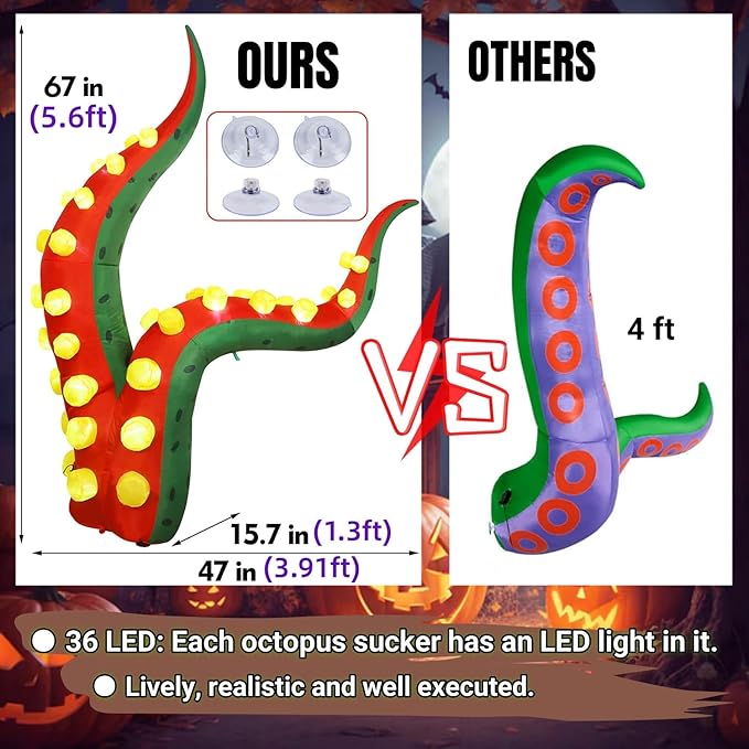 Juegoal Halloween Decorations 5.6FT Tall Inflatable Lighted Octopus Tentacle, Octopus Legs with Build-in 33 LED, Animated Halloween Front Door Window Roof Prop, Outdoor Holiday Party Blow up Decor