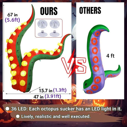 Juegoal Halloween Decorations 5.6FT Tall Inflatable Lighted Octopus Tentacle, Octopus Legs with Build-in 33 LED, Animated Halloween Front Door Window Roof Prop, Outdoor Holiday Party Blow up Decor