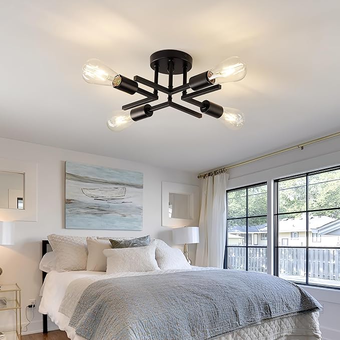 Industrial 4-Lights Semi Flush Mount Ceiling Light Fixture Modern Metal Black Sputnik Chandeliers with E26 Bulb Base Close to Ceiling Light for Kitchen Dining Room Living Room Hallway Bedroom Entryway