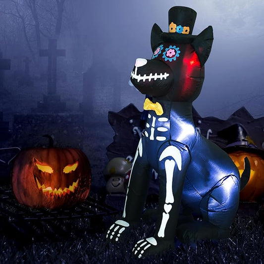 AJY 4 Feet Halloween Inflatable Dog Skeleton Spooky Town Skeleton Yard Art Décor Inflatable LED Lights Halloween Display Blow up Lighted Yard Decor Lawn Home Garden Party Favor Decoration