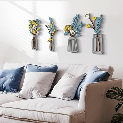 Glamativity Large 4 Pcs Colorful and Black Double-Sided Metal Flowers and Vases Wall Arts, 22.5 x 12'' Minimalist Wall Décor, 3D Textured Sculptures, Floral Iron Wall Decorative